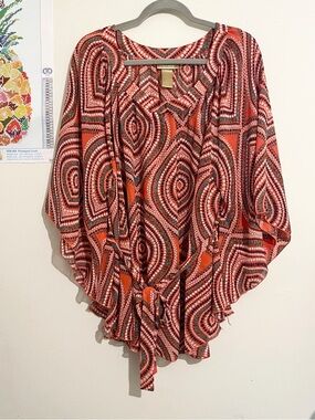 MISS TINA by Tina Knowles Red Geometric Tie-Front Dolman Kimono Top Size Large